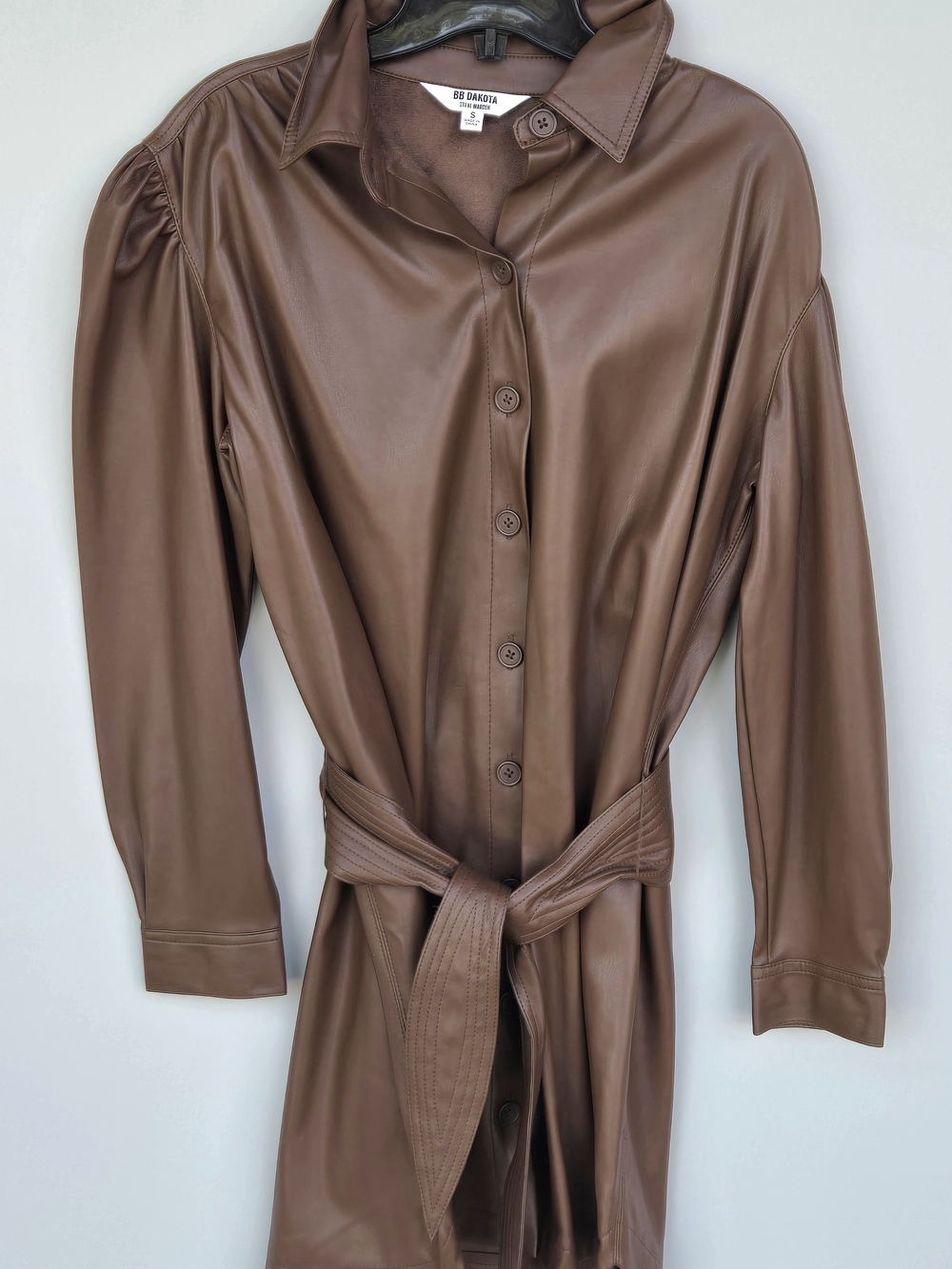BB Dakota Brown Faux Leather Belted Trench Dress